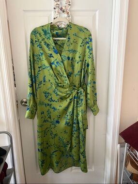 Green Floral Satin Wrap Dress with Blue Print
